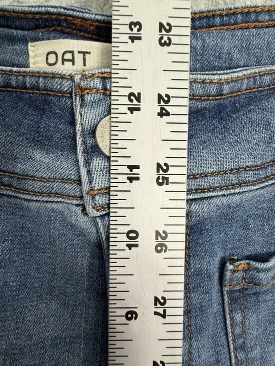 OAT New York Wide Leg High Rise Jeans Womens 10 Blue Boho Raw Hem Stretch Denim - Picture 6 of 9